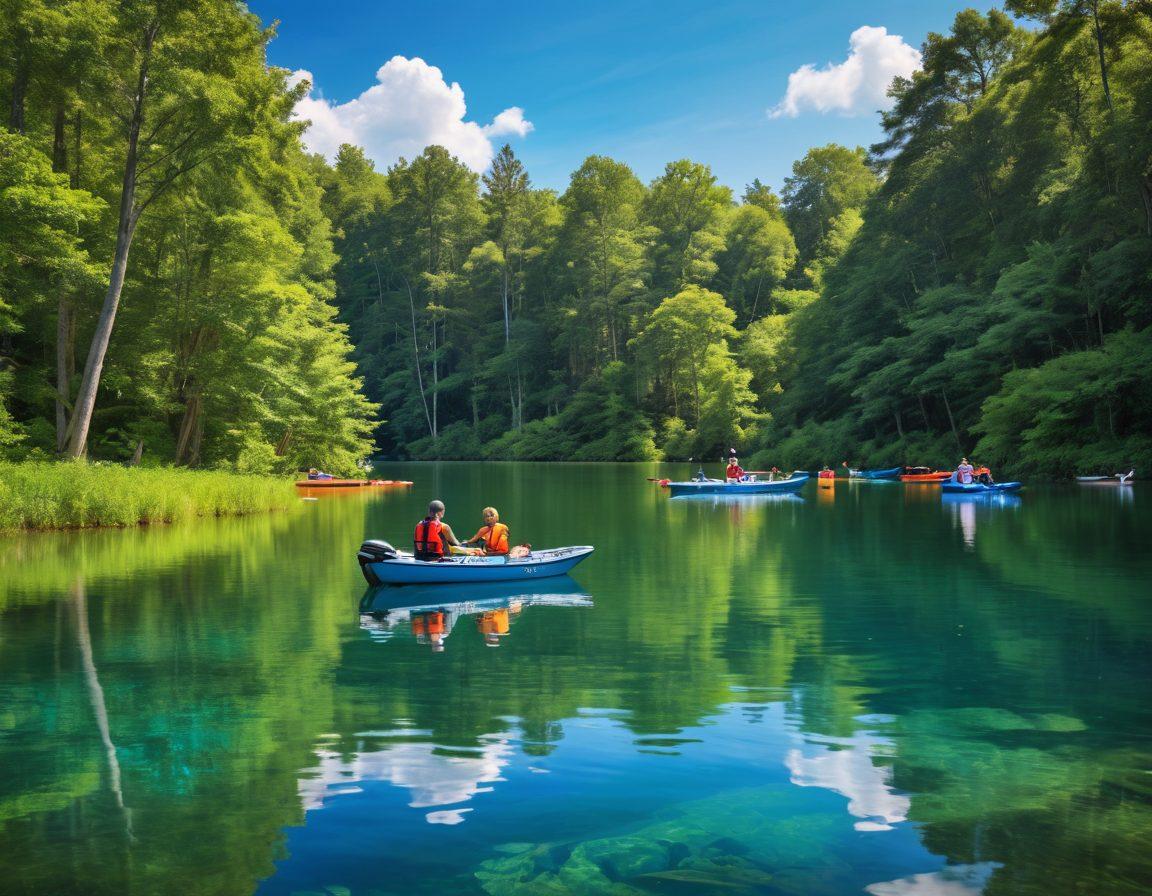 A serene lakeside scene showcasing various watercrafts including a sailboat, kayak, and jet ski, with a backdrop of lush green trees and a bright blue sky. In the foreground, a happy family enjoys a picnic with safety gear and life jackets visible, emphasizing the importance of boat liability and safety. Include subtle elements like a ‘Peace of Mind’ sign and insurance documents to symbolize security. realistic illustration. vibrant colors. peaceful atmosphere.