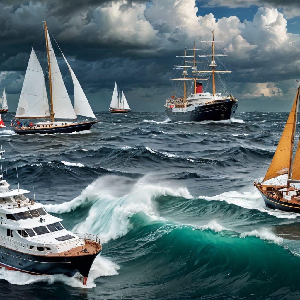 A nautical scene depicting a large insurance document prominently in the foreground with a diverse range of vessels - sailboats, cargo ships, and luxury yachts - navigating turbulent waters in the background. Incorporate stormy skies to symbolize risks, alongside calming elements like a bright lighthouse illuminating the scene. Include visual icons for insurance concepts like shields and anchors. vibrant colors. super-realistic.