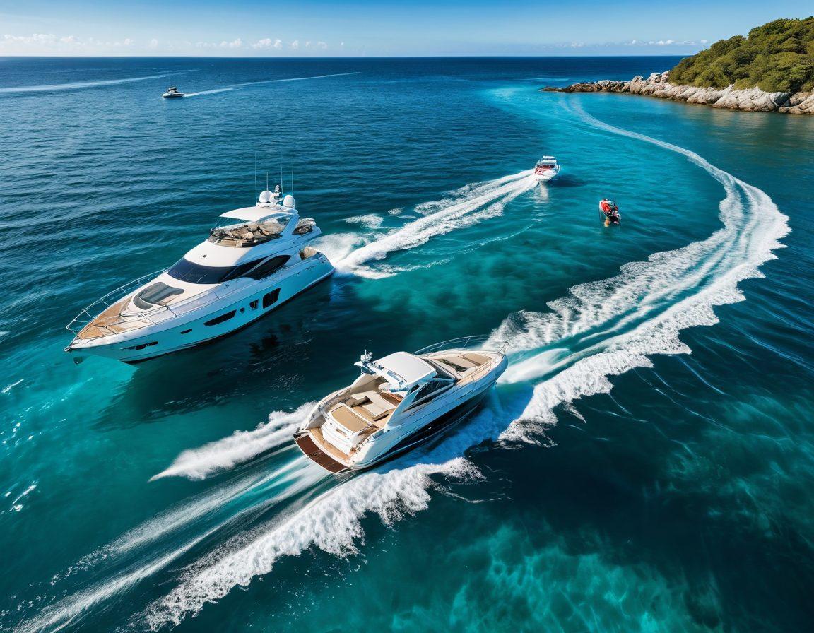 A luxurious yacht gliding through crystal-clear turquoise waters under a bright blue sky, accompanied by various smaller watercraft like jet skis and sailboats. In the foreground, display essential marine insurance documents gently resting on the deck, symbolizing coverage and protection. The scene should evoke a sense of adventure, freedom, and security on the water. super-realistic. vibrant colors. nautical theme.